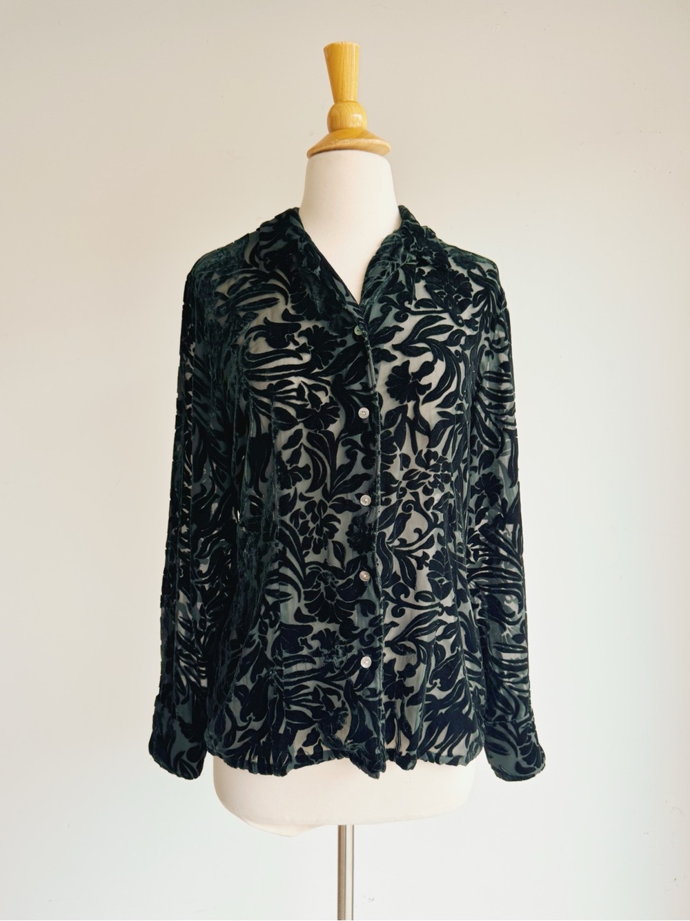 Vintage Ann Taylor Emerald Velvet Burnout Silk Blend Blouse Semi Sheer Blouse 8